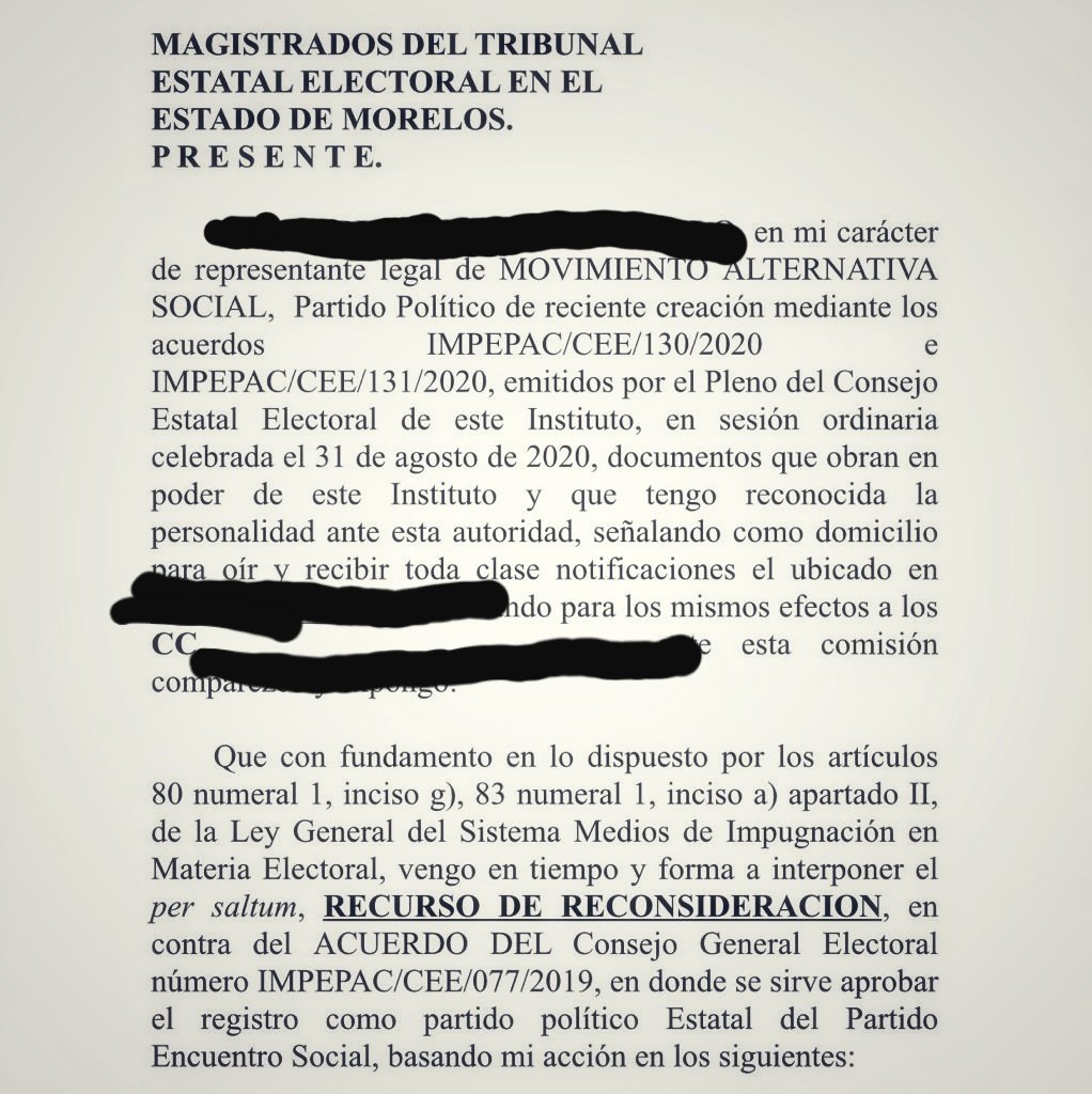 angelodho's tweet photo. Presenta el MAS recurso ante el @teemorelos para que se le retire el registro al PES Morelos como partido local al no haber cumplido con el Art. 95 de la Ley General de Partidos Políticos, ya que solo postuló candidatos propios en 6 municipios y 2 distritos. https://t.co/wsWXZGXnB9