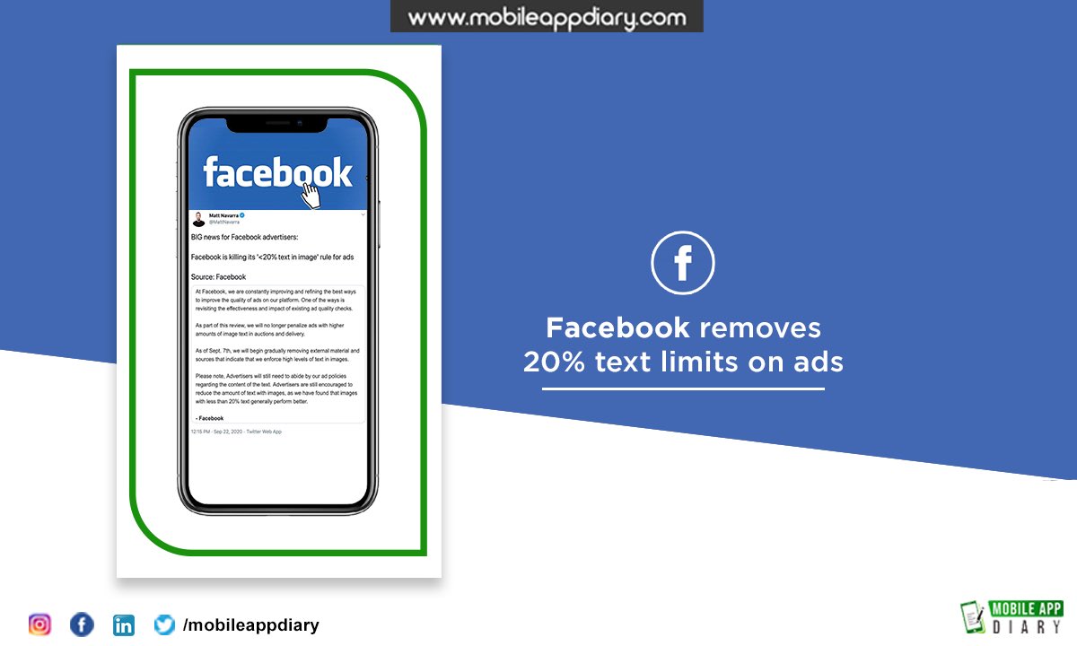 mobileappdiary's tweet photo. It's a great news for Facebook Advertisers! Facebook has removed its 'less than 20% text in image' rule for ads.
#Mad #Apps #Mobile #MobileApps #MobileAppTechnology #FacebookLive #ShortVideos #FacebookNewFeature #facebooknewupdate #facebookads https://t.co/wav16ZqmkI