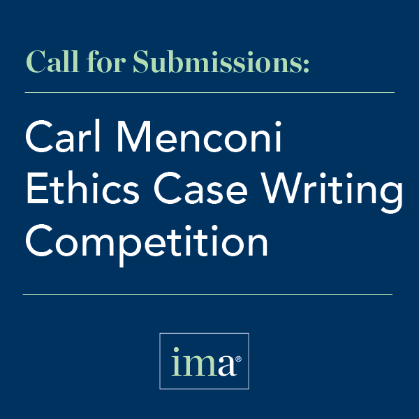 IMA_News's tweet photo. Academics and practitioners interested in sharing practical insights through cases are encouraged to submit entries to the 2021 Carl Menconi Ethics Case Writing Competition, which is accepting submissions now through January 19, 2021. Learn more: https://t.co/lmx5BPAfIE https://t.co/sLmeOMIRlC