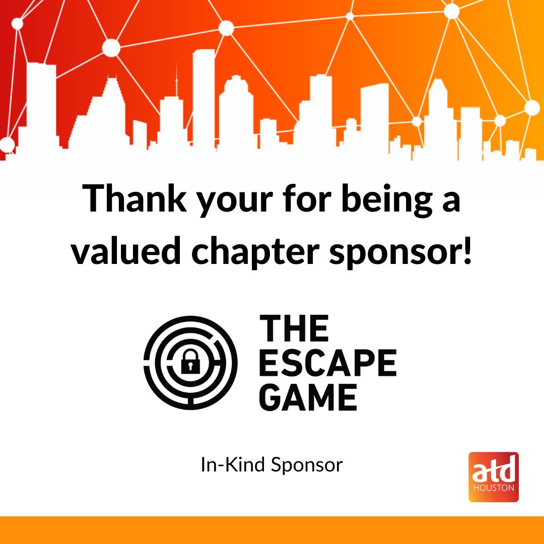 ATDHouston's tweet image. Sponsors are vital to ATD Houston. We want to take a moment and say thank you, @TheEscapeGame.

#atdhouston #theescapegame #talentdevelopment