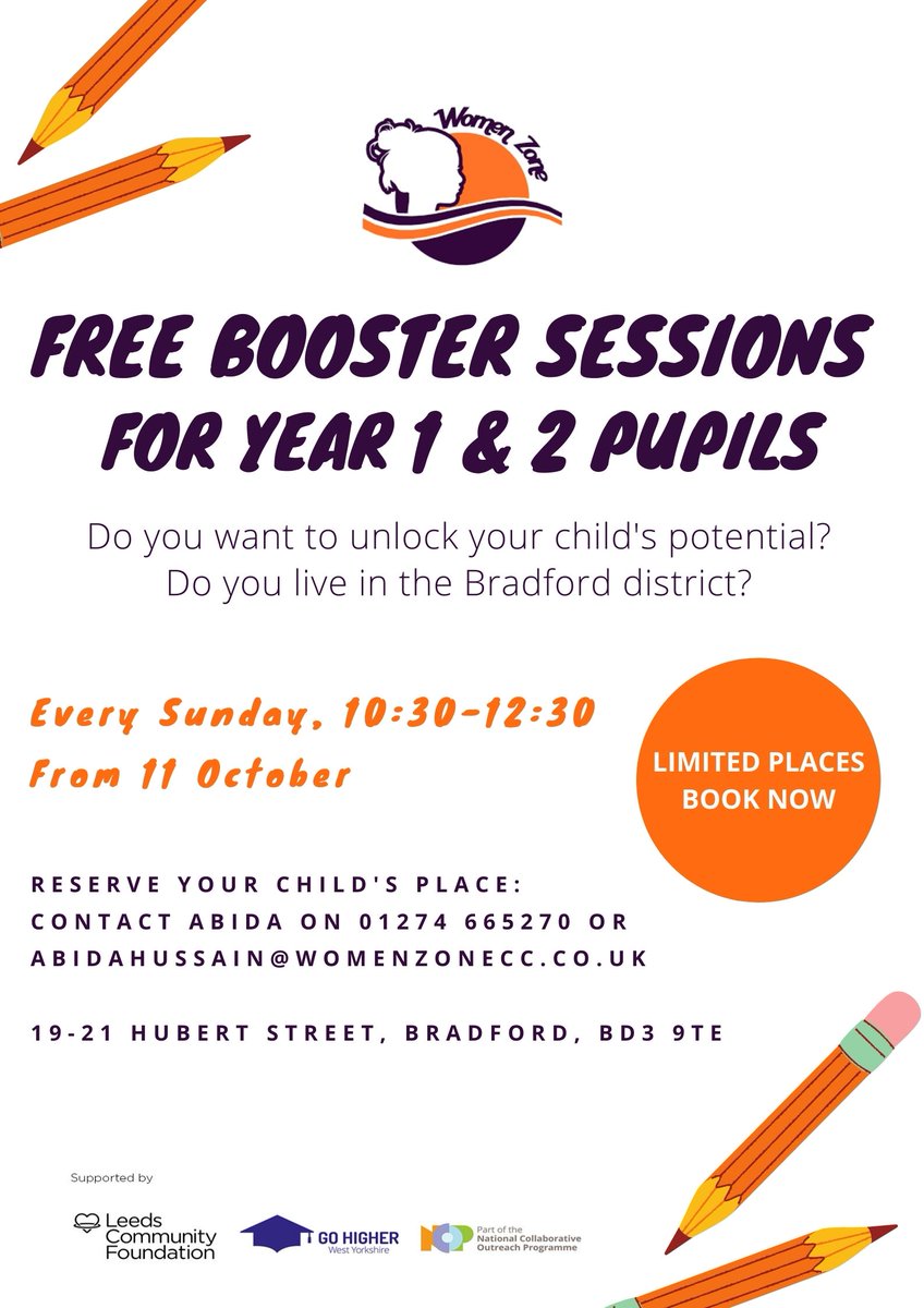 womenzonebfd's tweet photo. ✏️ Sign up for our FREE Booster Sessions for year 1 and 2 pupils, happening every Sunday @womenzonecc from 10:30-12:30 ✏️
Please note - places are limited and must be booked in advance.
#Womenzone #BoosterSessions #Bradford #Education #KeyStage1 #BradfordSchools https://t.co/ZfGsNLeTD0