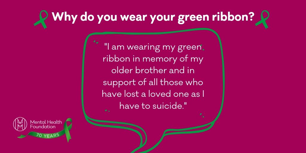 mentalhealth's tweet photo. 💚The green ribbon is the international symbol for mental health awareness. Wear a green ribbon to show colleagues, loved ones and people that you walk past that you care about their mental health. It can also be worn in memory of someone: https://t.co/EXmj8F2Idz https://t.co/p2FKo9VHPN