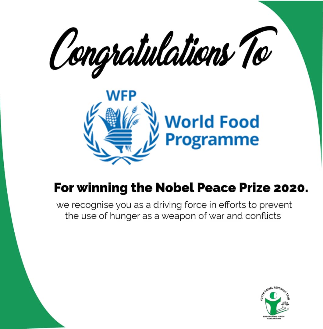 We recognized you <a href="/WFP_Africa/">WFP Africa</a> <a href="/WFP_Media/">WFP Media</a> as a driving force in efforts to prevent the use of hunger as a weapon of war and conflicts
Congratulations from all of us #Refugees and thank you for Partnering with Refugee led Organization <a href="/youth_sat/">YSAT Uganda</a>  #NobelPeacePrize2020 <a href="/WFPChief/">Cindy McCain</a>