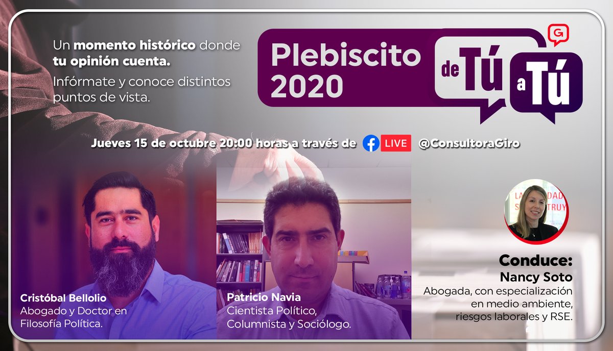 ConsultoraGiro's tweet photo. Hoy 15 de octubre | 20 horas:  La invitación está abierta para escuchar distintas visiones sobre el plebiscito.   #Giro #AhoraSomosGiro #DeTúaTú #Plebiscito2020 @patricionavia @cbellolio @CcpRemoto 

Facebook: https://t.co/RXmj6u8uEt 

YouTube: https://t.co/PiB4XhuNiA https://t.co/iQqAdRRdML