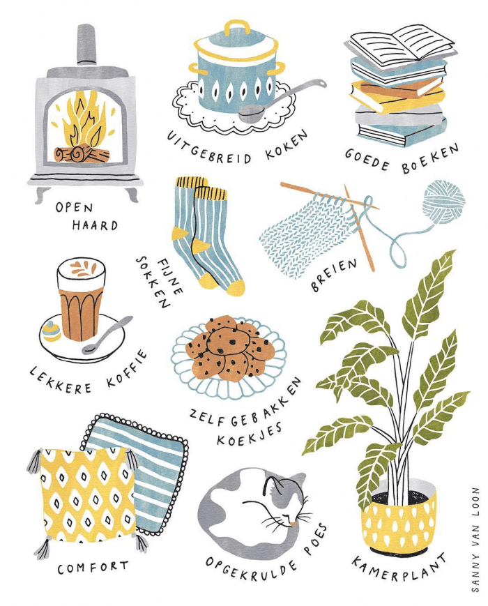 Door de regen gaan is niet mijn favo bezigheid. De wind neem ik op de koop toe, en regen; ach, als ik eenmaal binnen met een kop koffie in de hand naar deze herfst illustratie kijk, klinkt dat gespetter op het raam ook wel heel gezellig. Vakantievierders: Fijne vakantie gewenst!