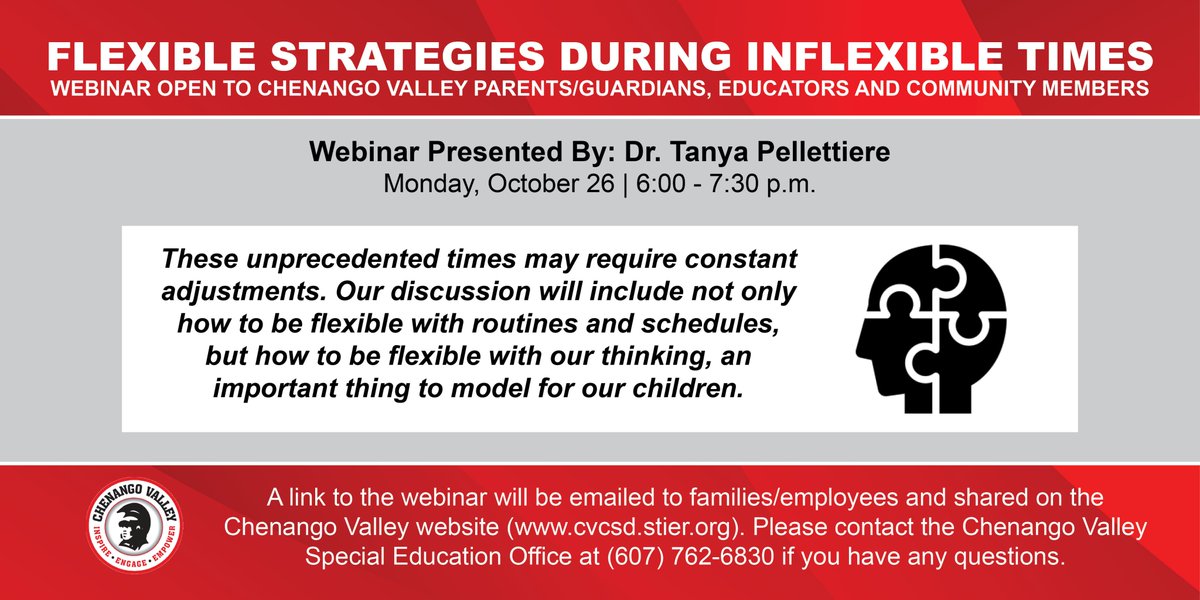 CVCSDWarriors's tweet photo. CV will host the webinar “Flexible Strategies During Inflexible Times” presented by Dr. Tanya Pellettiere on Monday, 10/26. This informative webinar will begin at 6 p.m.

More information can be found in the flyer attached and on our district website: https://t.co/ivWvwUF5es https://t.co/3jOyxbt7cq