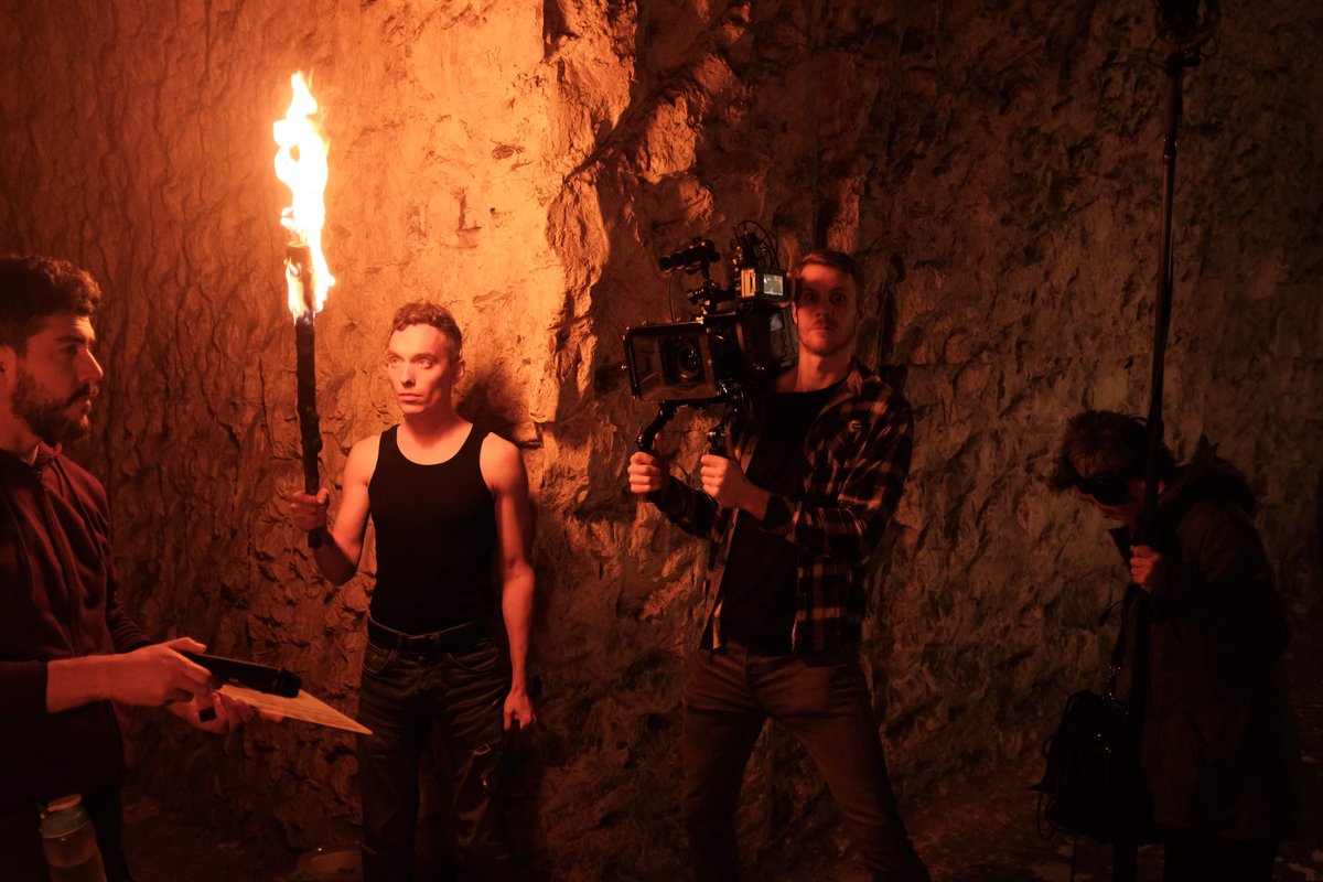 Two behind the scenes shots of me shooting the short film 'Hunting Ground' partly filmed in Chistlehurst caves and lit almost exclusively with these flaming torches. I had to use a bit of fill from a litepanels Astra occasionally to bring up the ambient light levels or for faces.