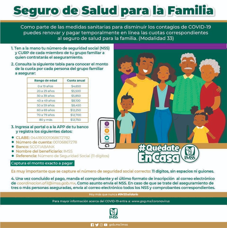 ImssSinaloa's tweet photo. Como parte de las acciones para romper con la cadena de contagio por #COVID19 ahora puedes pagar en línea tu Seguro de Salud para la Familia.

Solo #QuédateEnCasa y sigue estos pasos para renovarlo.
💻https://t.co/trN9iCDill

#IMSSsolidario #IMSSsinaloa https://t.co/YF8E6qSx3l