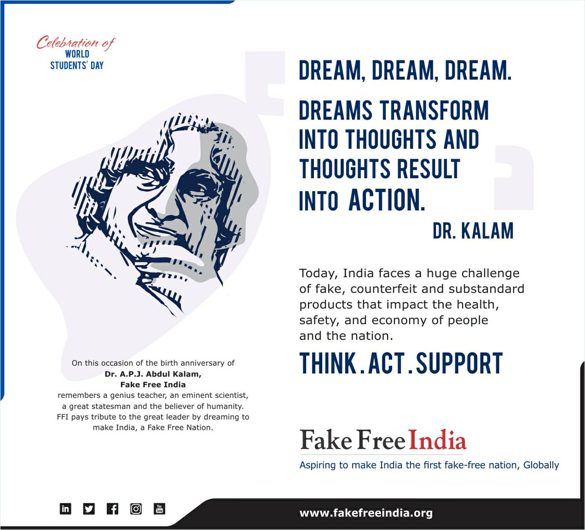 FAKESFREEINDIA's tweet photo. Remembering Dr Abdul Kalam, our inspiration, we pledge to make India a #FakeFreeIndia, first Country of the World free from #FakeMeds #FakeFood #FakeProducts https://t.co/4KIBdNlxN1