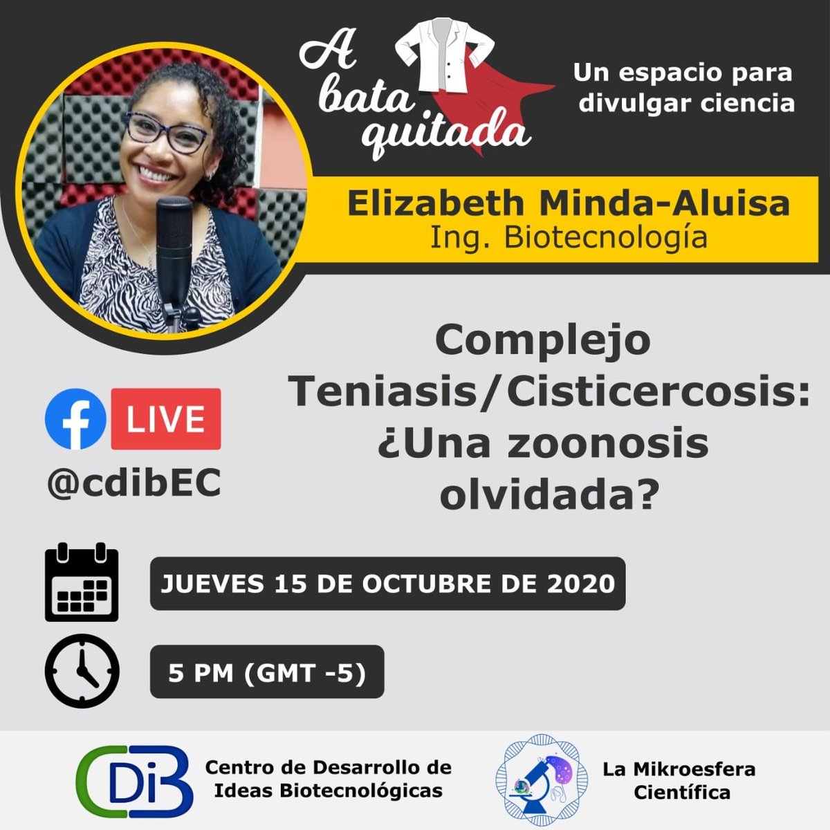M_Santillan_'s tweet photo. ¡A BATA QUITADA! 
 
📆¡HOY! 
No te lo pierdas
🕓Hora: 5 pm (GMT -5)

¡Acompáñanos en la transmisión por Facebook Live!
#CDIB - Centro de Desarrollo de Ideas Biotecnológicas

https://t.co/b7L0ZCsSZI

Junto con @ElizabethMindaA 

#DivulgaciónCientífica #Zoonosis #Biotecnologia https://t.co/u0qZyiQyEl