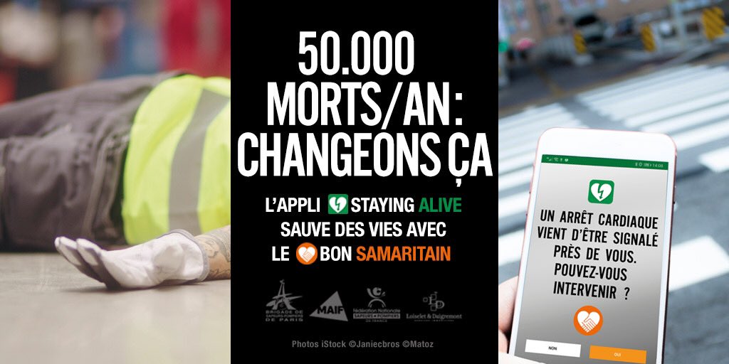 Avec l’application #StayingAlive, rejoignez la communauté @BonSamaritainFr et devenez un sauveteur volontaire prêt à secourir des personnes victimes d’un arrêt cardiaque. 
Une application, des gestes simples, des vies à sauver, des vies sauvées.