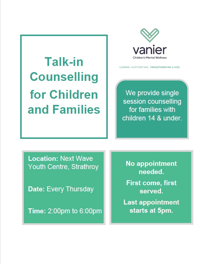 For families in Middlesex County, we have opened our Strathroy Talk-in Counselling Services. Starting Thursday October 15, 2020, it will be open every Thursday from 2pm-6pm. Please see graphic below for details.