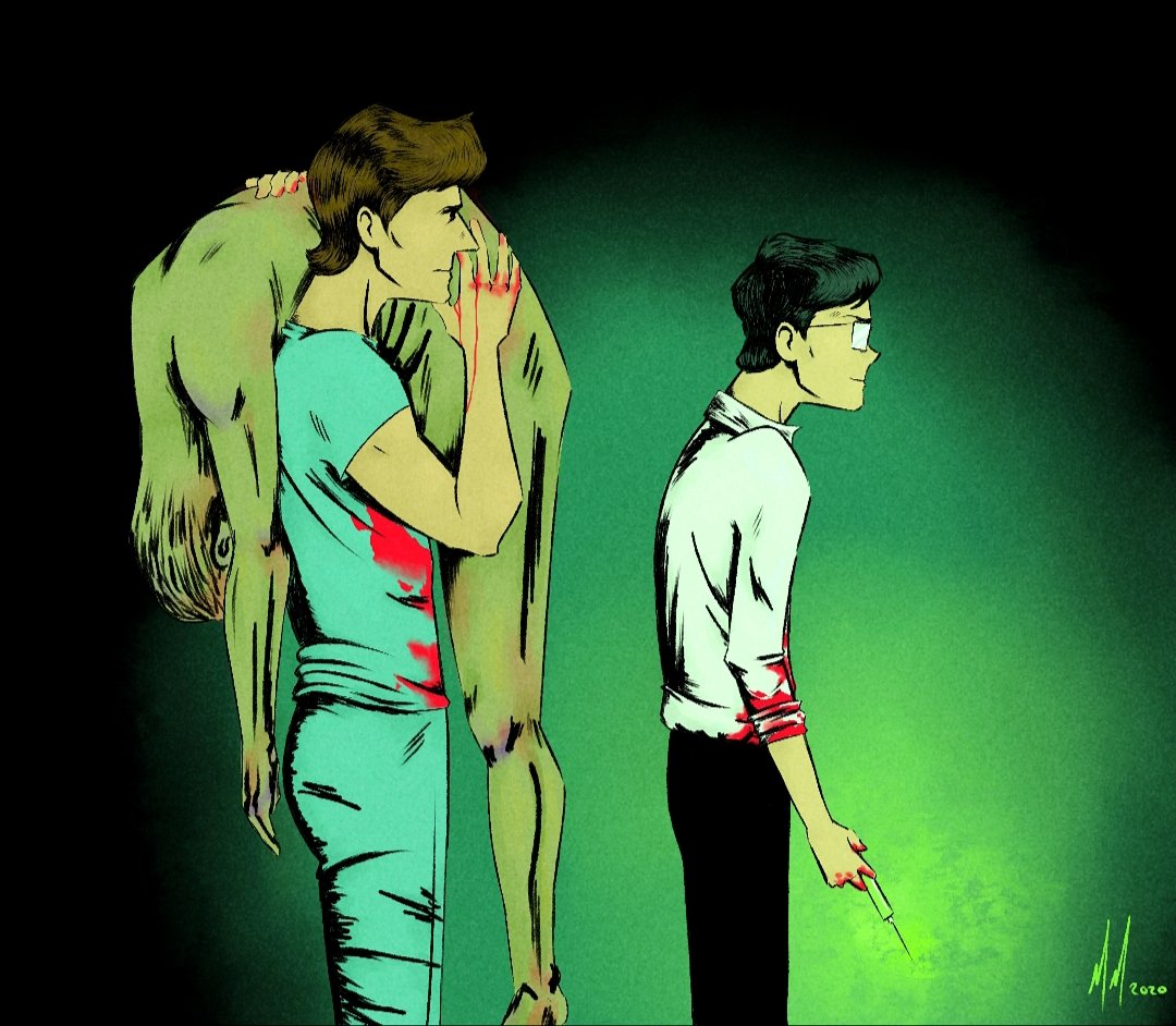 luxmartian's tweet photo. thinking about that movie with the mad scientist and his himbo boyfriend 
#reanimator #digitalart https://t.co/BKfcDooLZt