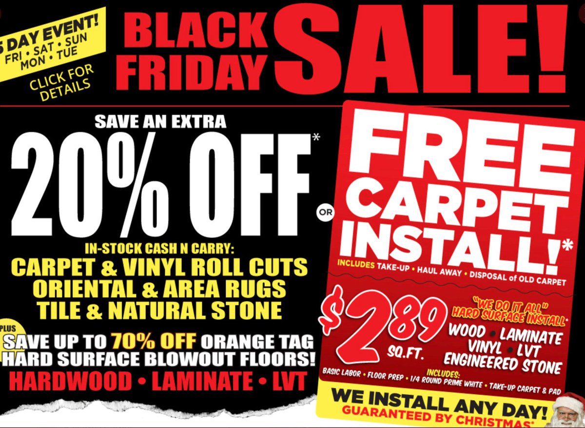 BayAreaCarpets's tweet photo. Trying to get those #Floors done before @XMAS ?

We have a Carpet deal for you!!

1 day #sale #carpet #laminate #flooring #overstock!! #Bayarea carpet installed 40% off one day only.. 

Call us (408) 520-8482 ✅

#Sanjose #SantaClara #Sunnyvale #Carpeting #Flooring #1daysale https://t.co/pdJ5cW4gWY