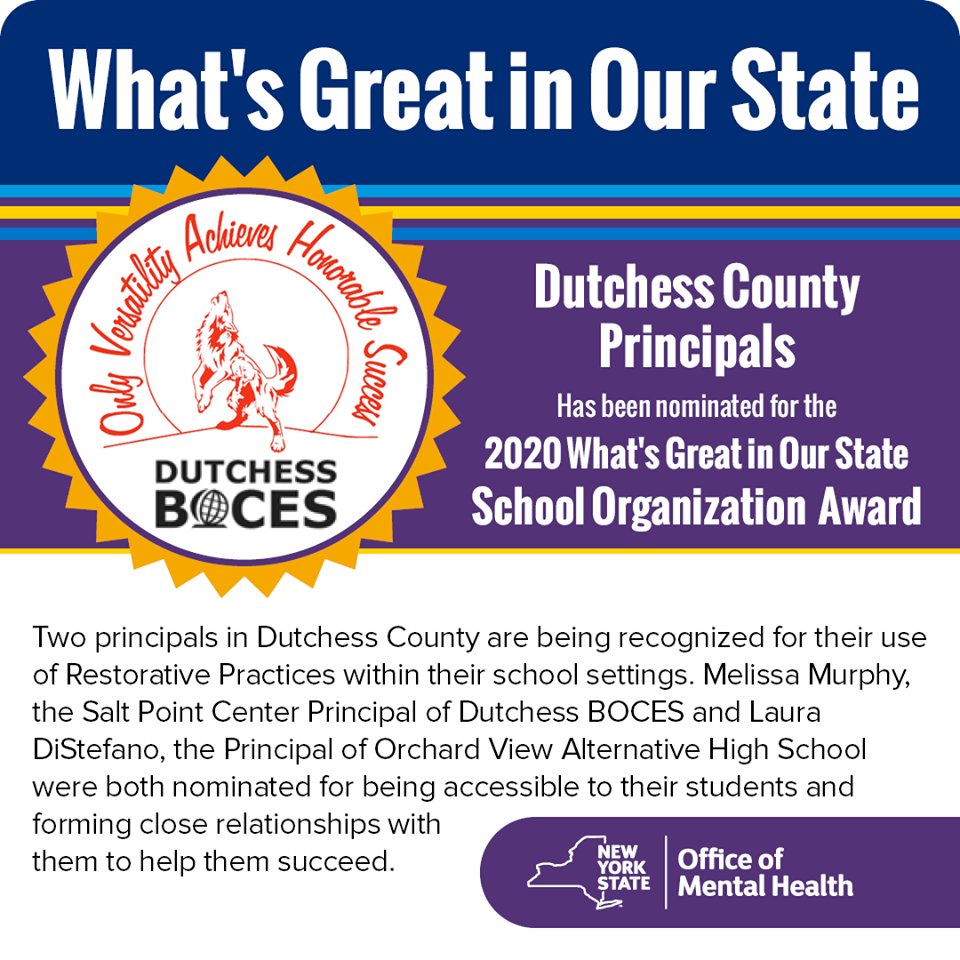 DutchessBOCES's tweet photo. Applause to colleague Laura DiStefano @OVAHSwolves Principal who joins @DutchessBOCES @melmarmur as "What's Great in our State" nominees being celebrated today for restorative practices! @WCSDEmpowers @NYSEDNews @nyschoolboards @NYSomh  @AmyWatkinsEdD https://t.co/rBGzPD76nu