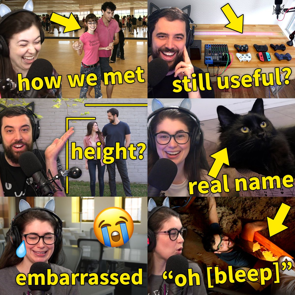 EvanAndKatelyn's tweet photo. Excited to announce our Highlights Channel for the Evan and Katelyn Podcast! It's 2-5 min clips that answer questions, like "what is Joob's real name?" &amp; "how tall are you?" + funny stories like Katelyn frustration-crying at work &amp; our first impressions 👉 https://t.co/wV3gtkFiZW https://t.co/Ws3DrBBs48
