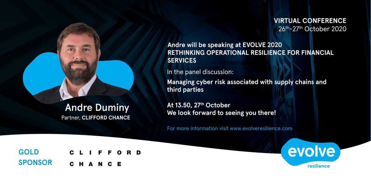 Clifford_Chance's tweet photo. Our partner Andre Duminy will be speaking at #EVOLVE2020 event during the panel discussion, "Managing cyber risk associated with supply chains and third parties". Read more here: https://t.co/CiHkwg1Lne
#CyberRisk #SupplyChain https://t.co/raxVCloD0L