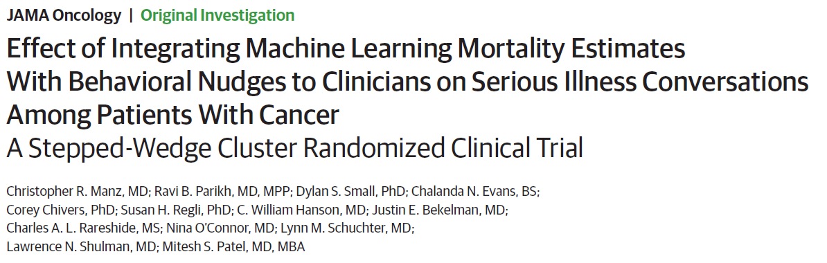 miteshspatel's tweet photo. Can we use Nudges with Machine Learning approaches to improve cancer care?  New RCT out today in @JAMAOnc led by @ChrisManzMD &amp; @ravi_b_parikh demonstrates we can with >4-fold increase in serious illness conversations among high-risk patients. https://t.co/jrtzAWkKHf https://t.co/4H5QhC7wnN