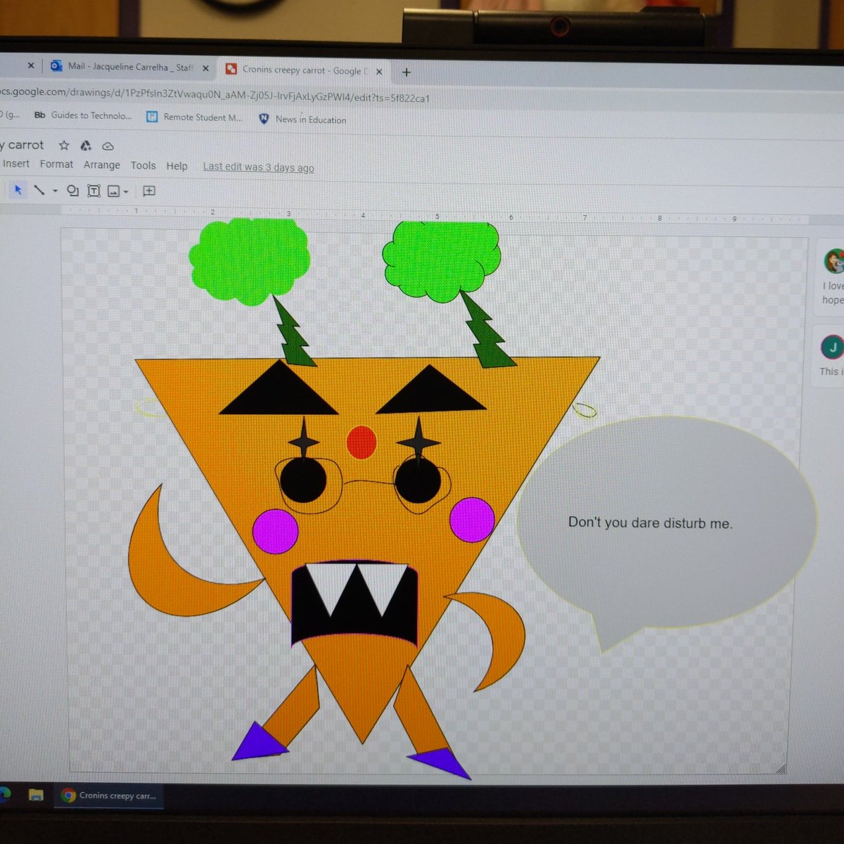 GHELibraryMedia's tweet photo. 2nd grade Creepy Carrot Google Drawing creation following our read aloud. Happy Fall!#virtuallearningsuccess @GHELibraryMedia @GreenHopeES @GHEprincipal @greenhopePTA https://t.co/CtGYEaK3k5