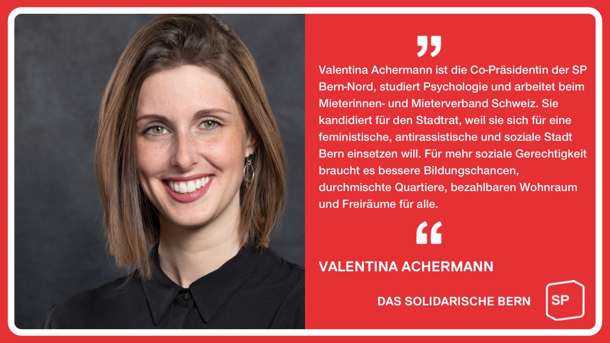 Valentina Achermann in den Stadtrat!

sp-bern-nord.ch/wahlen-2020/va…

#SOLIDARISCHESBERN #SPWAEHLEN #WAHLBERN20