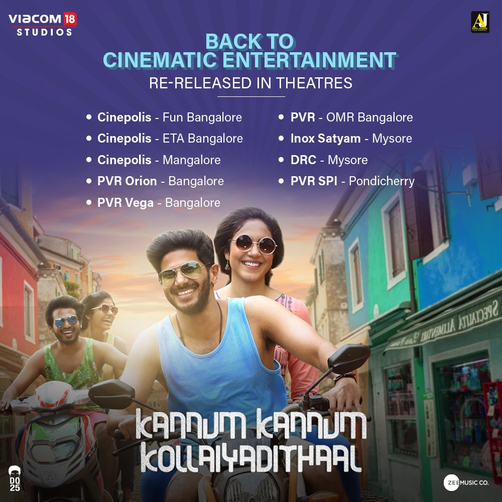 PRO_ajaykumar's tweet photo. #Thrillingblockbuster
#കണ്ണുംകണ്ണുംകൊള്ളയടിത്താൽ #KannumKannumKollaiyadithaal is back in theatres to entertain you.
Watch it now!
@dulQuer @riturv @RakshanVJ @Niranjani_Nini @desingh_dp @AndhareAjit @IamAntoJoseph @_Vinothkumar_S @MasalaCoffee
@_PVRCinemas #Viacom18Studios https://t.co/bX8O23n67Q
