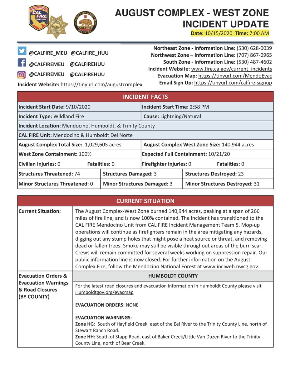 CALFIRE_MEU's tweet image. #AugustComplexWestZone | Incident Update | 10/15/20 AM #AugustComplexFire #AugustComplex