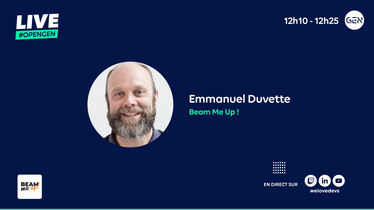 À 12h10 nous recevrons Emmanuel Duvette de <a href="/WeAreBeamMeUp/">Beam Me Up!</a> pour parler de formation et de préparation à l'entrepreneuriat !

w3d.to/live-opengen