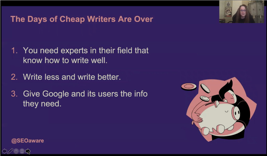GrowMap's tweet photo. LIVE from #PubCon: The Days of Cheap Writers Are OVER! from How to Optimize Your Content with @SEMrush 

Speaker Melissa Fach @SEOAware ~ SEMrush US Blog Editor ~ #PubCon2020 #SEO #writers #blogging #wp https://t.co/tTo1ODGbUE