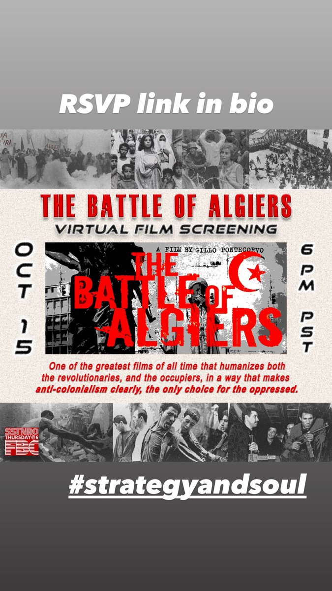 FightSoulCities's tweet photo. #StrategyAndSoul film club tonight 6pm: The #BattleOfAlgiers inspires a new understanding of where #TheStrategyCenter wants to go. The problems of systemic racism &amp; national oppression requires a movement of national liberation challenging the US empire

https://t.co/sdGcvmgjzg https://t.co/QcMyPtGKp7