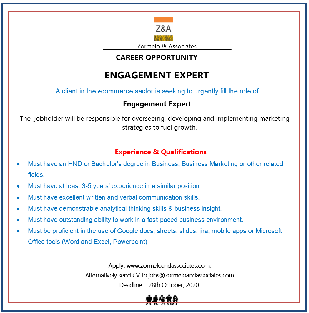 ZormeloAndAssoc's tweet photo. Career Opportunity!!

One of our clients in the e-commerce sector is seeking to recruit an Engagement Expert. Please apply here >>>https://t.co/ZlTXfwYmvx or see below for other application alternatives. #engagementmarketing  #ecommerce #marketting https://t.co/NsN2D9jYvH