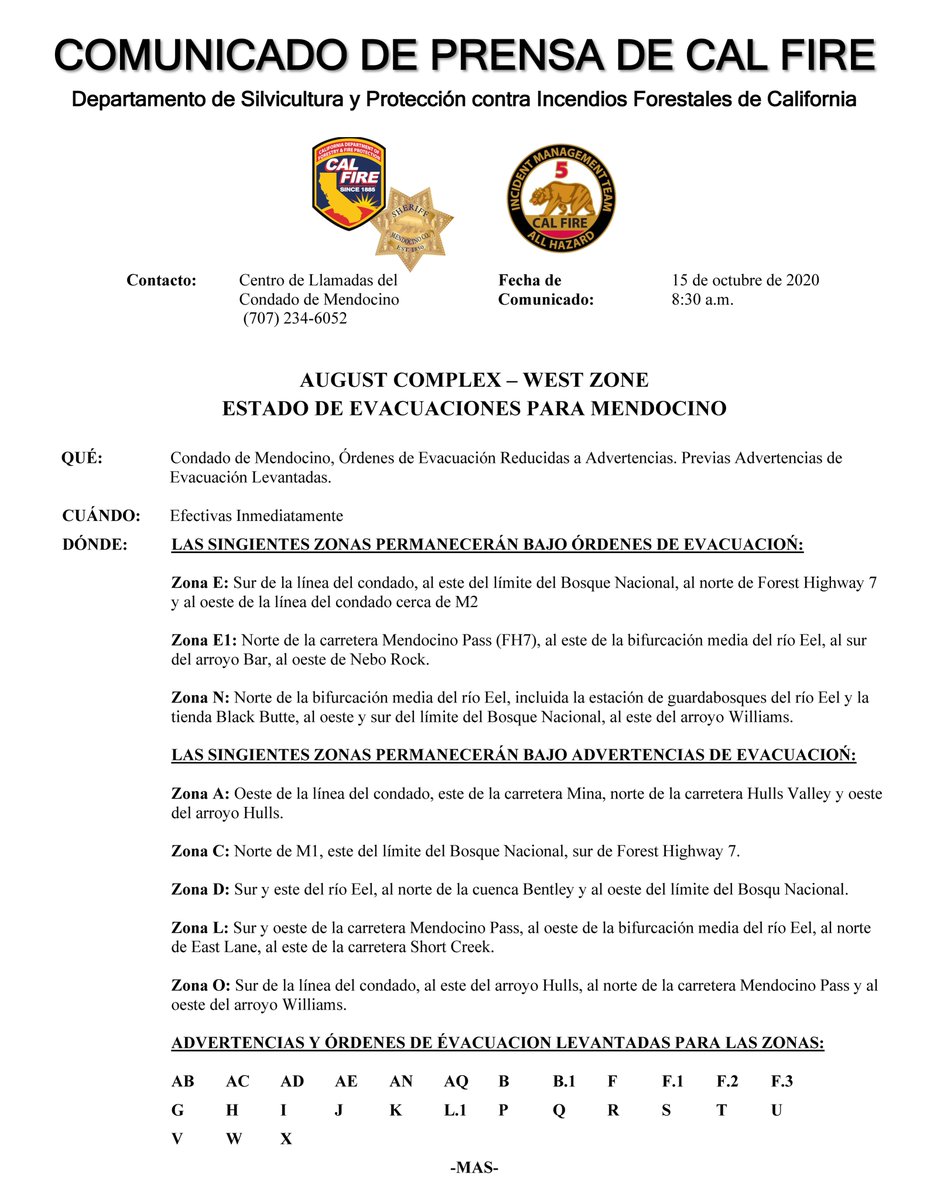 CALFIRE_MEU's tweet image. #AugustComplexWestZone 
ESTADO DE EVACUACIONES PARA MENDOCINO #AugustComplexFire  #AugustComplex