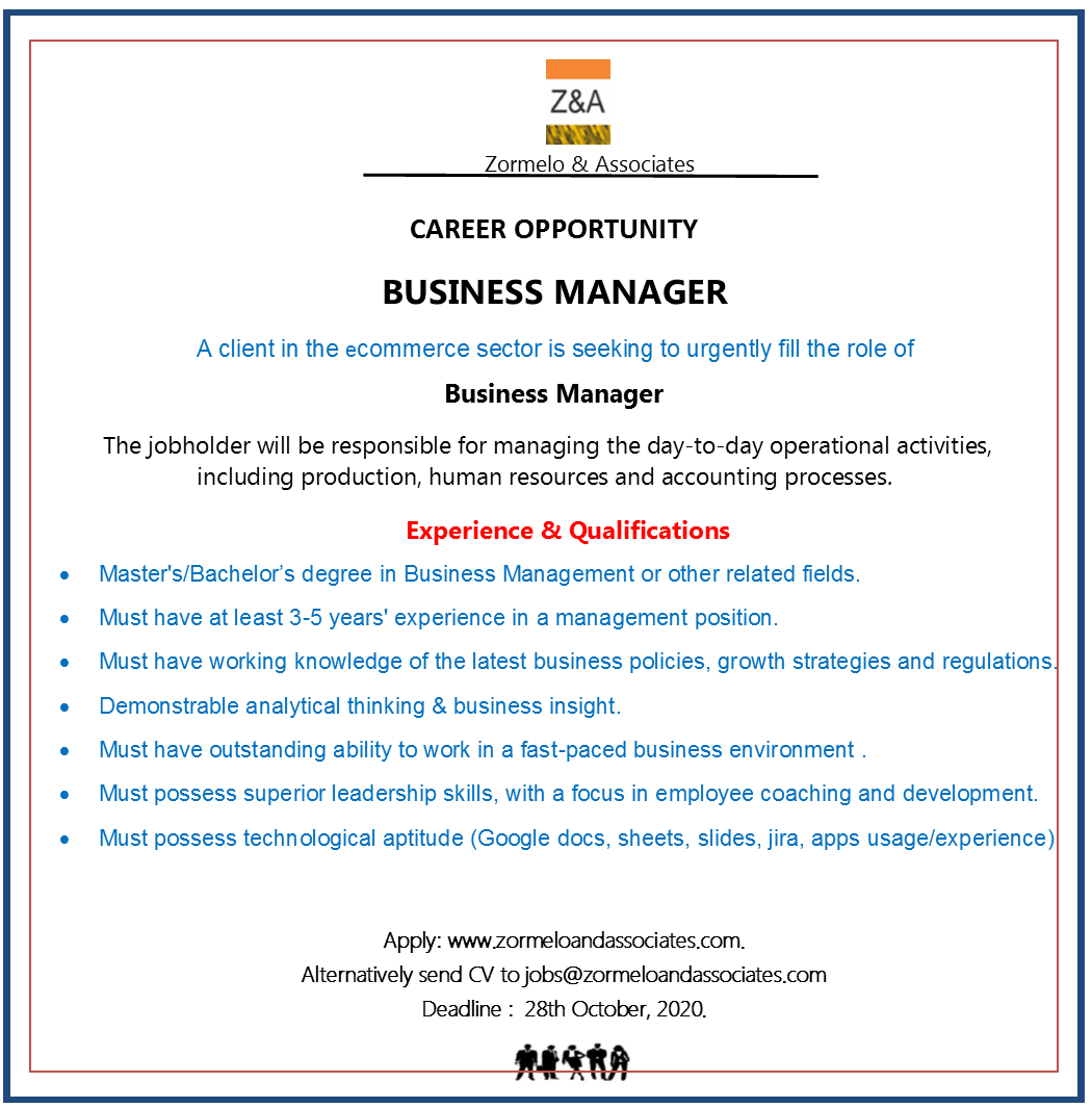 ZormeloAndAssoc's tweet photo. Career Opportunity!!

One of our clients in the e-commerce sector is seeking to recruit a Business Manager. Please apply here >>>https://t.co/ZlTXfwYmvx or see below for other application alternatives. #manager  #ecommerce https://t.co/4cUTOFAQbh