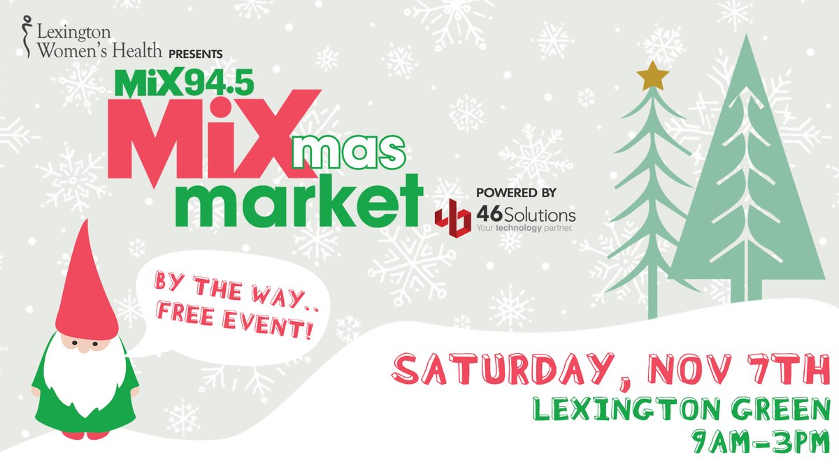 .@LexWomensHealth presents Mixmas Market on November 7th at Lexington Green powered by @46_solutions and supporting @kyrefuge4women!

There's still time to get a booth registered to participate! 
Get more details here: ihr.fm/3nNECOy