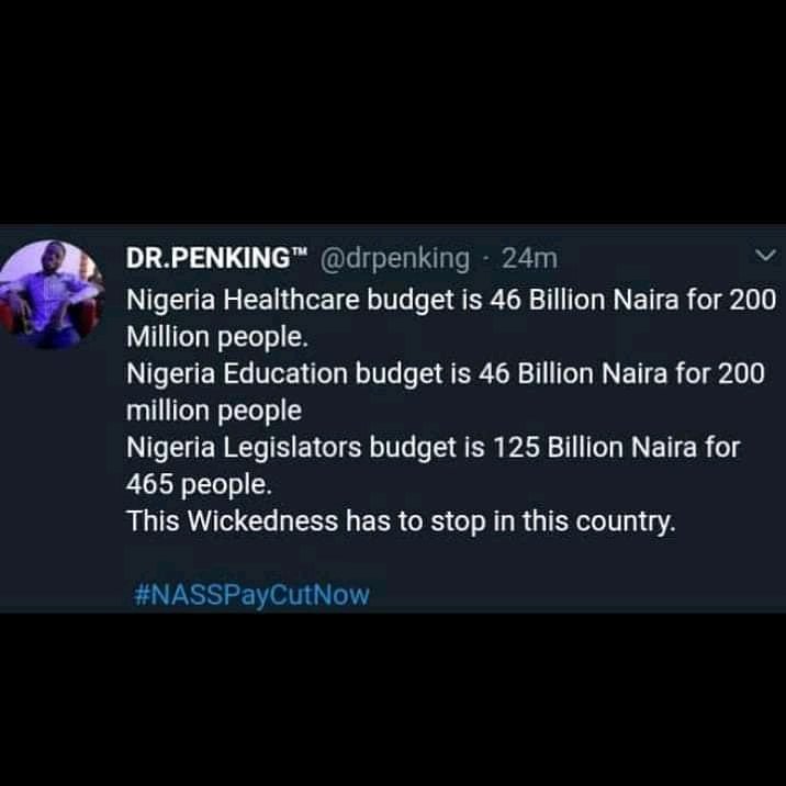 Dominic04310542's tweet photo. I think our protest in this country needs to focus more in reforming the budgets of the legislators in this nation, a nation whereby legislators budget is higher than healthcare and Education budget.

#EndBadgovernanceinNigeria
#EndCorruptpoliticians
#CreateanewNigeria. https://t.co/Qdzqc0asav