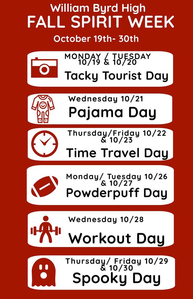 WilliamByrdHigh's tweet image. Get ready for #WBHSSpiritWeek! Starts next week 10/19