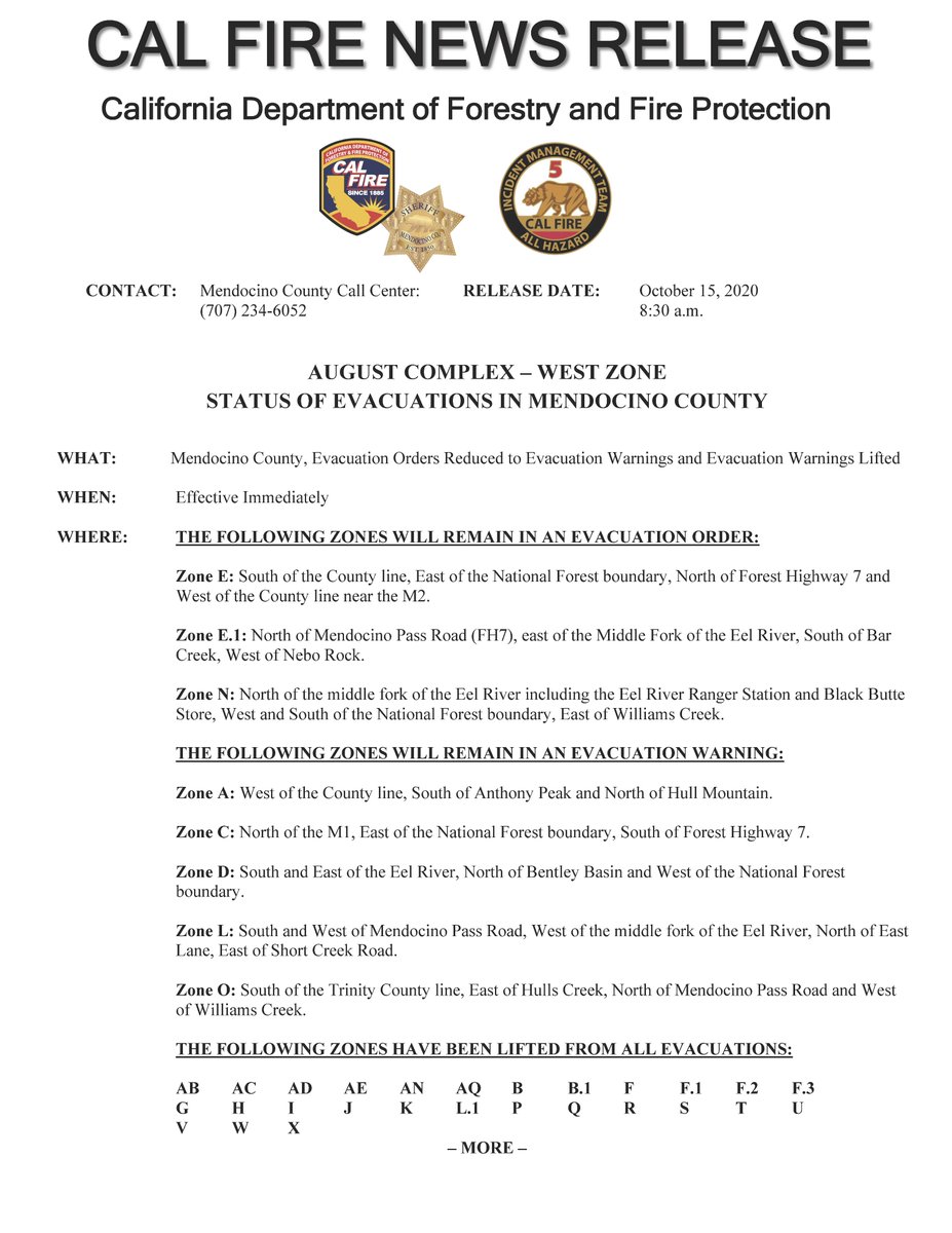 CALFIRE_MEU's tweet image. WEST ZONE STATUS OF EVACUATIONS IN MENDOCINO COUNTY #AugustComplexWestZone #AugustComplexfire #AugustComplex @MendoSheriff
