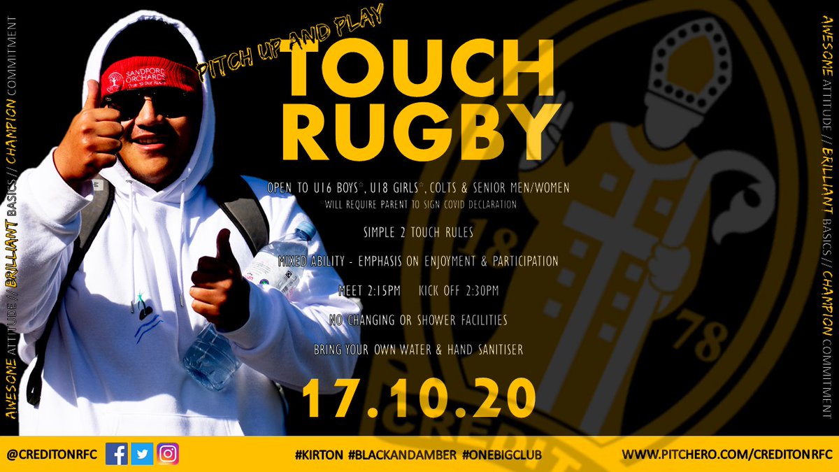 CreditonRFC's tweet photo. Don't take our word for it, ask Nathan how good our pitch up and play #TouchRugby is 👍👍
We go again this Saturday - meet 2:15 for 2:30 kick off!
#kirton #blackandamber #onebigclub #asknathan #devonrugby
@swsportsnews @CreditonCourier @HeartCrediton https://t.co/Gm6NovXtbj