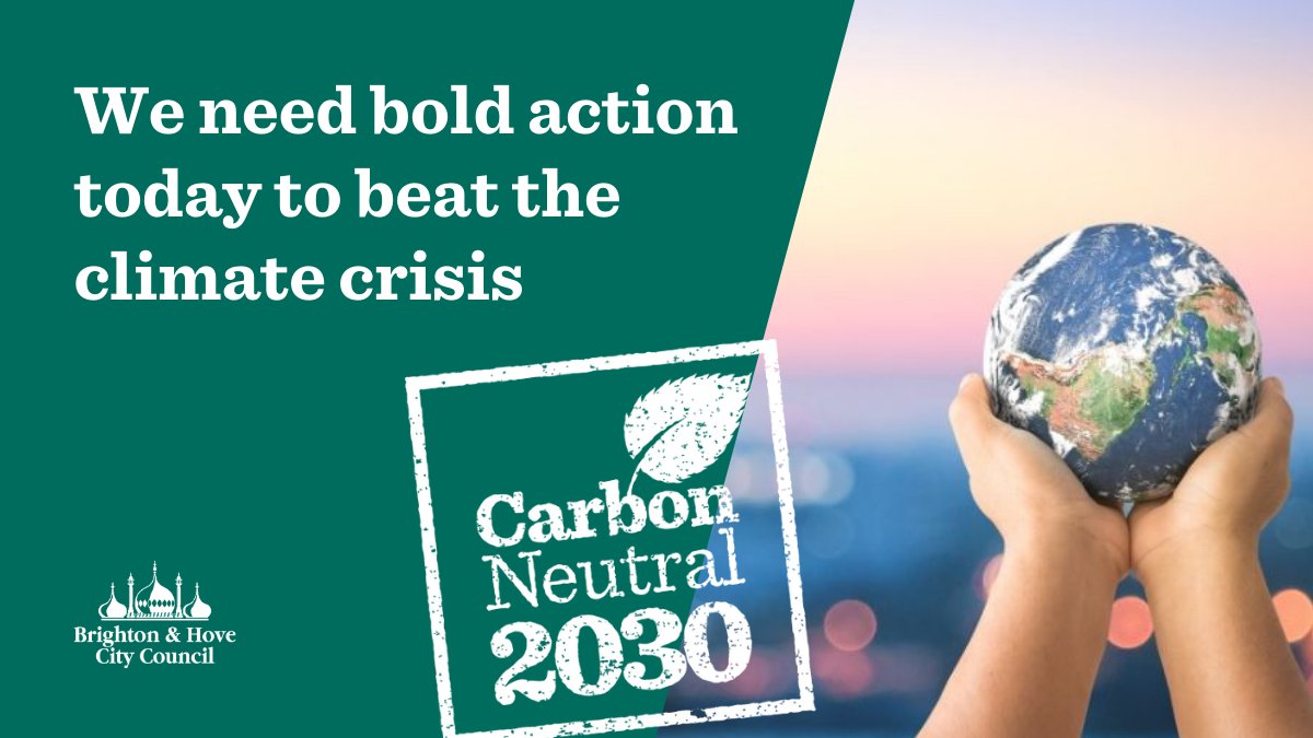 Child holding a planet in their hands, with background of a city at sunset and the words: We need bold action today to beat the climate crises; carbon neutral 2030.