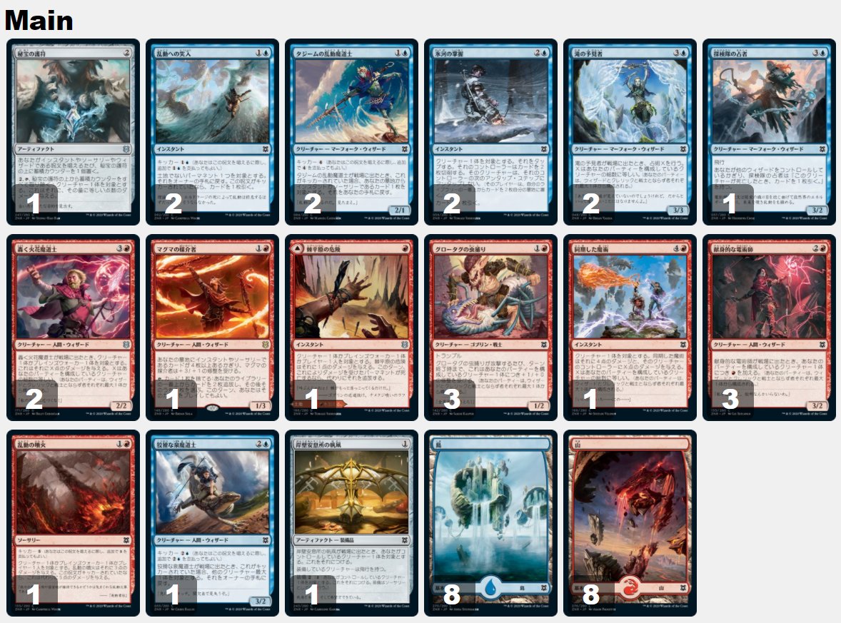 Zendikar Premier Draft
青赤ウィザードで4-3
意識してウィザードに寄せたもののレリックくらいしかウィザードボーナスがなく、結局ある程度はパーティ散らさないときついかなぁ
ウィザードばっかりだと4/2/2cipダメージの強さが全然違う