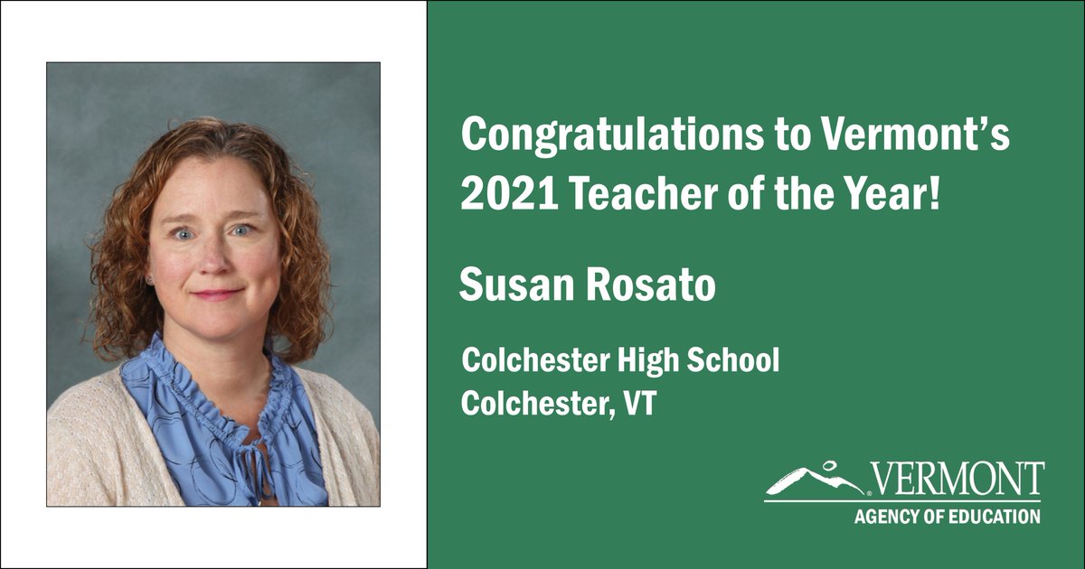 Congratulations to Vermont’s 2021 Teacher of the Year: Susan Rosato of Colchester High School! #VTTOY2021 @CHSLakersVT @CSDCommunity #vted