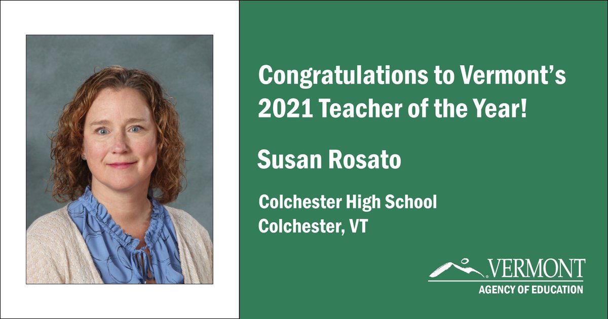 Vermont Agency of Education (@vteducation) on Twitter photo Congratulations to Vermont’s 2021 Teacher of the Year: Susan Rosato of Colchester High School! #VTTOY2021 <a href="/CHSLakersVT/">Colchester High School</a> <a href="/CSDCommunity/">Colchester Schools</a> #vted Congratulations to Vermont’s 2021 Teacher of the Year: Susan Rosato of Colchester High School! #VTTOY2021 <a href="/CHSLakersVT/">Colchester High School</a> <a href="/CSDCommunity/">Colchester Schools</a> #vted