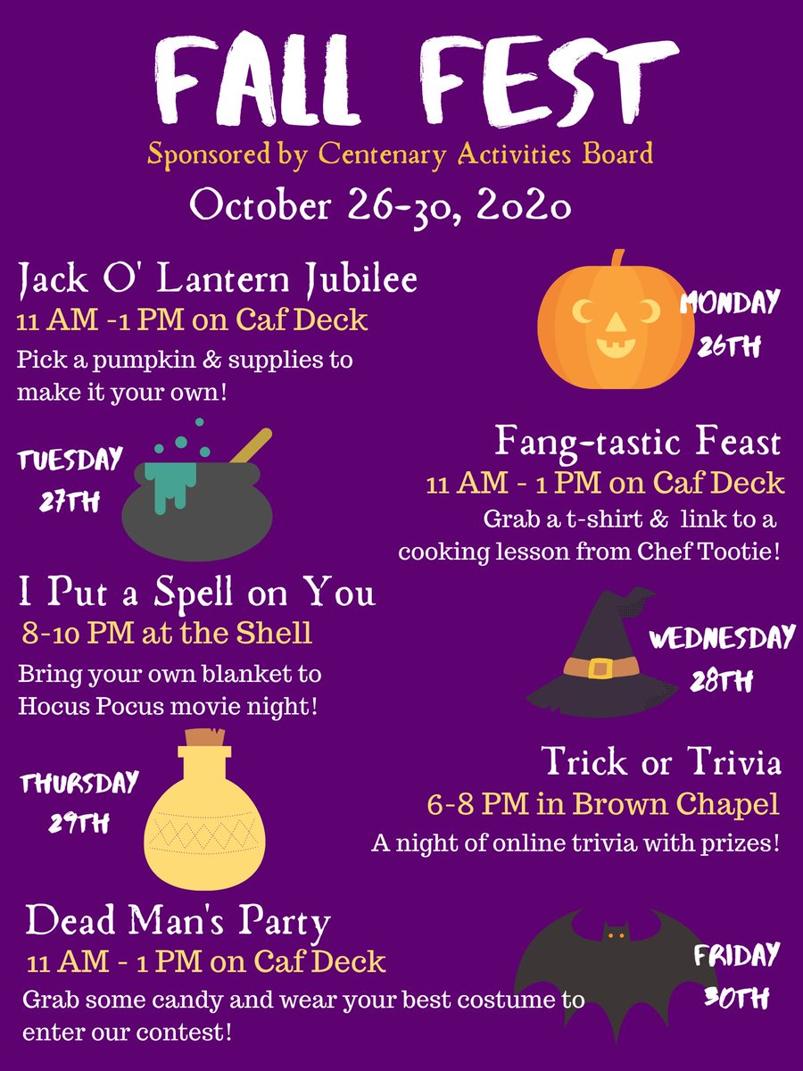 CentenaryCAB's tweet photo. Fall Fest is almost here and we are SO EXCITED! This year’s theme is “I Put a Spell on You” ✨ Check out what we have planned! #centenarycab https://t.co/3fnl8I6G82