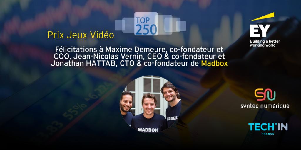 EYFrance's tweet photo. Bravo à @MaximeDemeure, Jean-Nicolas Vernin et @jonathan_madjoh, co-fondateurs de @Madboxgames et lauréats du Prix #JeuxVidéo du #Top250Num ! @syntecnumerique @TECHINFrance https://t.co/h4on9nYZ3S