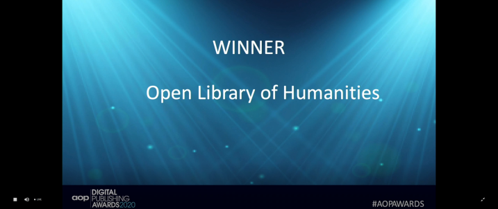 <a href="/openlibhums/">The Open Library of Humanities</a> won Small Digital Publisher of the Year @ukaop Digital Publishing Awards #aopawards