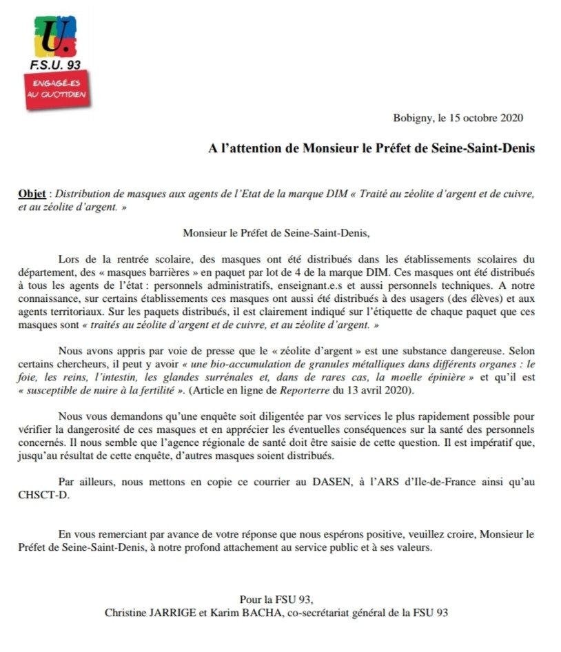 93Fsu's tweet photo. #MasquesToxiques au zéolite d'argent, la #FSU93 interpelle le #préfet de #SeineSaintDenis. https://t.co/IHjpQRHn0c