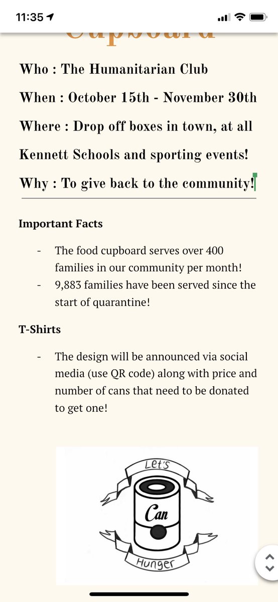 KHSMiniTHON's tweet photo. New information on the Humanitarian Club Food Drive! ( swipe for information ) Check our page for the T shirt design by KHS student Nina! https://t.co/owfMD9al7H