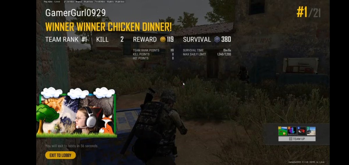 GamerGurl0929's tweet photo. What an adventure last night was! Tried out the new map on #PUBG #TestServers last night. Kinda sucked that you can only play TPP squads right now. I really hope that changes, but regardless... we still got that #ChickenDinner ! (Feel free to ignore mah face lol) https://t.co/qRgmcjqE94