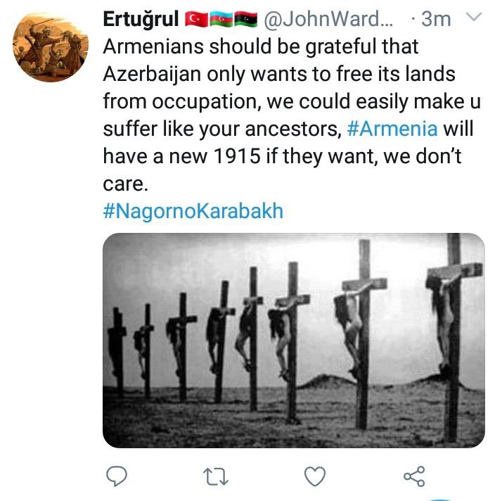 MariamK40423764's tweet photo. @atatoyan @OmbudsArmenia Inhumanity, barbarism and violence are the nature of #Turkish and #Azerbaijan| nation. They are a real threat for humanity. They are preparing for second #Genocide not being punished for the first one in 1915. #StopTurkishTerrorism #StopAzerbaijainiAggression #StandUp4Humanity https://t.co/6XaetcuDnH