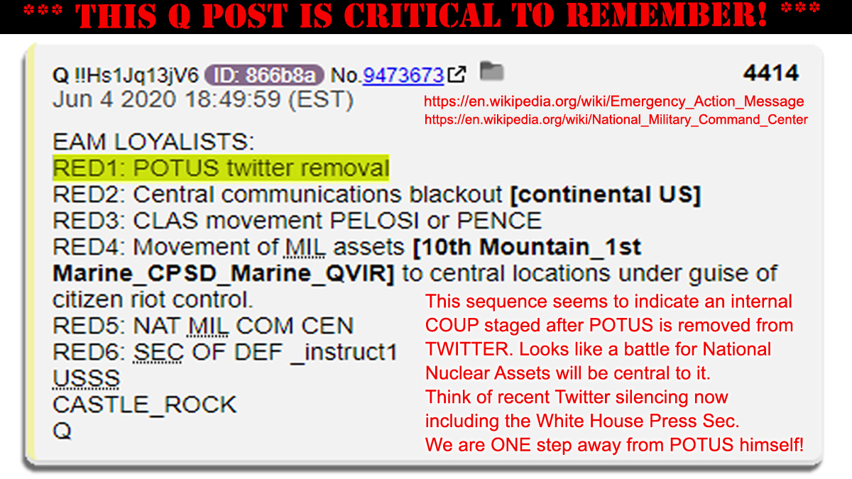 Liberty2O's tweet photo. @TRUreporting The "Purge" is upon us.  They desperate push to upset an election by silencing the truth, by silencing those who speak / promote it. Recall #Q4414 which used "POTUS twitter removal" as a marker for a sequence of ominous events. The actions against Conservatives foreshadow that. https://t.co/jsW45KAZ4Y