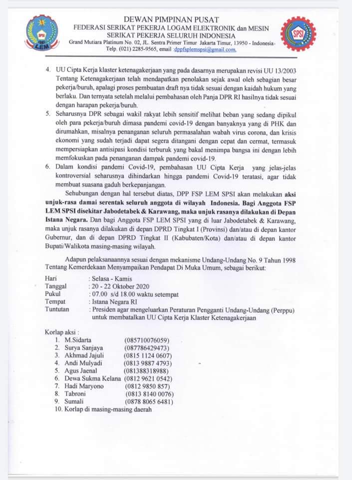FspLem's tweet photo. Panjang Umur Perlawanan
@DPR_RI
@KemnakerRI
#TolakOmnibuslaw
#PerpubatalkanOmnibuslaw
#Mositidakpercaya
#Fsplemspsi
#BangkitBergerakSatuKomando https://t.co/qCWrehjxsj